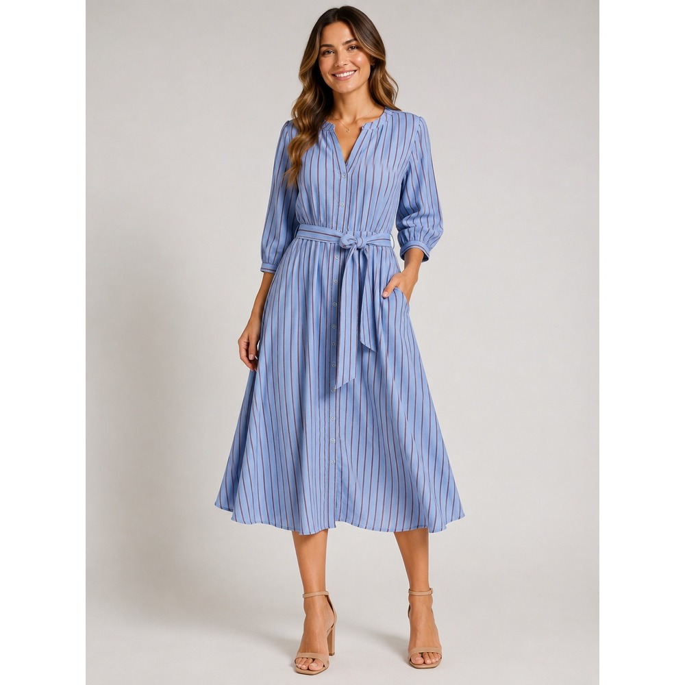 Pact Organic Cotton Striped Midi Dress Blue Brown V-Neck Belted Pockets Size M